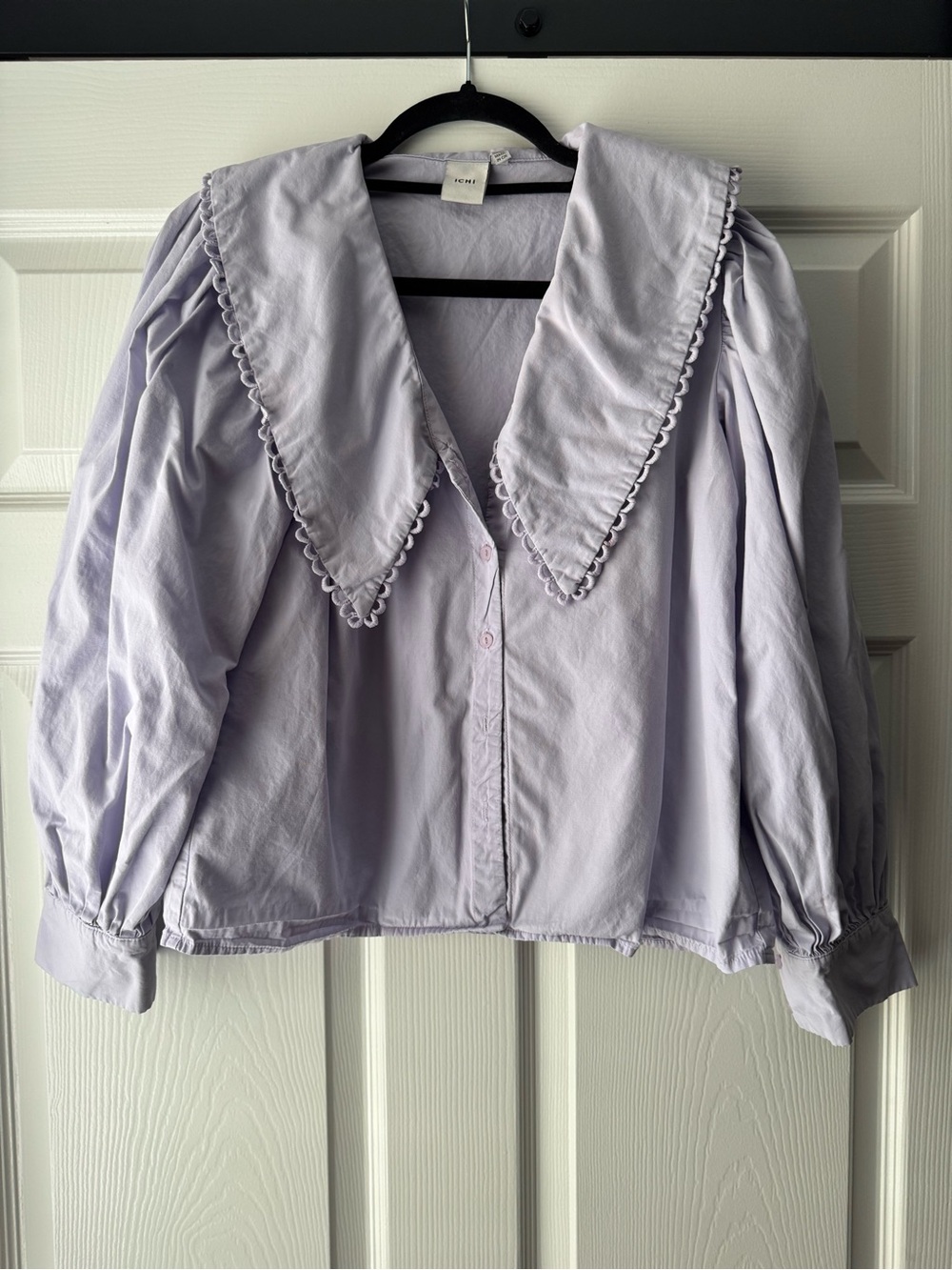 ICHI Light Lavender Puff Sleeve Blouse with Statement Collar size Small